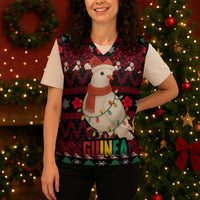 Guinea Christmas Knitted V-Neck Vest with Festive Dove String Lights and Red Black Holiday Pattern - Wonder Print Shop