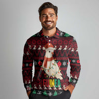 Guinea Christmas Long Sleeve Polo Shirt with Festive Dove String Lights and Red Black Holiday Pattern - Wonder Print Shop