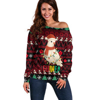Guinea Christmas Off Shoulder Sweater with Festive Dove String Lights and Red Black Holiday Pattern - Wonder Print Shop