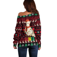 Guinea Christmas Off Shoulder Sweater with Festive Dove String Lights and Red Black Holiday Pattern - Wonder Print Shop