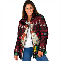 Guinea Christmas Padded Jacket with Festive Dove String Lights and Red Black Holiday Pattern - Wonder Print Shop