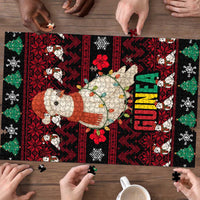 Guinea Christmas Puzzle with Festive Dove String Lights and Red Black Holiday Pattern - Wonder Print Shop