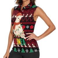 Guinea Christmas Women Sleeveless Polo Shirt with Festive Dove String Lights and Red Black Holiday Pattern - Wonder Print Shop
