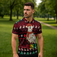 Guinea Christmas Zipper Polo Shirt with Festive Dove String Lights and Red Black Holiday Pattern - Wonder Print Shop