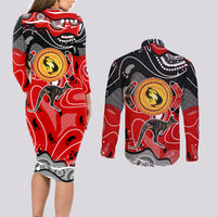 Aboriginal Flag Style Dot Art And Abstract Kangaroo Couples Matching Long Sleeve Bodycon Dress and Long Sleeve Button Shirt - Wonder Print Shop