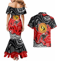 Aboriginal Flag Style Dot Art And Abstract Kangaroo Couples Matching Mermaid Dress and Hawaiian Shirt - Wonder Print Shop