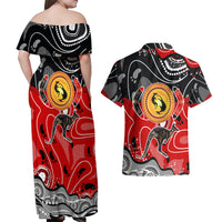Aboriginal Flag Style Dot Art And Abstract Kangaroo Couples Matching Off Shoulder Maxi Dress and Hawaiian Shirt - Wonder Print Shop