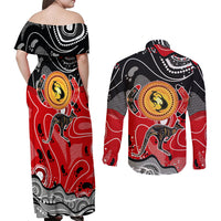 Aboriginal Flag Style Dot Art And Abstract Kangaroo Couples Matching Off Shoulder Maxi Dress and Long Sleeve Button Shirt - Wonder Print Shop