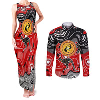 Aboriginal Flag Style Dot Art And Abstract Kangaroo Couples Matching Tank Maxi Dress and Long Sleeve Button Shirt - Wonder Print Shop