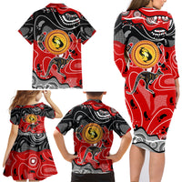 Aboriginal Flag Style Dot Art And Abstract Kangaroo Family Matching Long Sleeve Bodycon Dress and Hawaiian Shirt - Wonder Print Shop