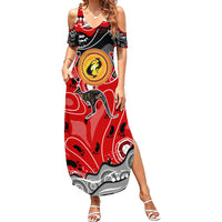 Aboriginal Flag Style Dot Art And Abstract Kangaroo Family Matching Summer Maxi Dress and Hawaiian Shirt - Wonder Print Shop