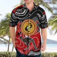 Hawaiian shirt featuring red and black kangaroo artwork with yellow circular emblem