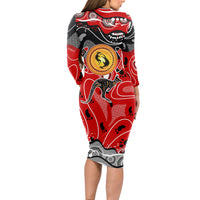 Aboriginal Flag Style Dot Art And Abstract Kangaroo Long Sleeve Bodycon Dress - Wonder Print Shop