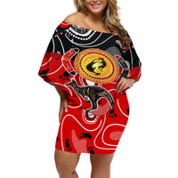Aboriginal Flag Style Dot Art And Abstract Kangaroo Off Shoulder Short Dress - Wonder Print Shop