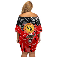 Aboriginal Flag Style Dot Art And Abstract Kangaroo Off Shoulder Short Dress - Wonder Print Shop