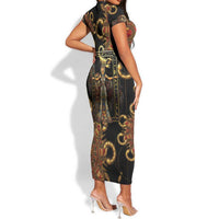 Serket Ancient Egyptian Short Sleeve Bodycon Dress with Canopic Jars and Scorpion Motif in Protection