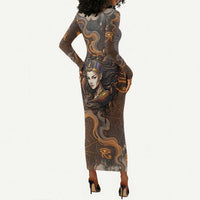 Serket Egyptian Long Sleeve Bodycon Dress Jeweled Scorpion and Cobweb Motif in Mystical Egyptian