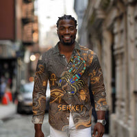 Serket Egyptian Long Sleeve Button Shirt Jeweled Scorpion and Cobweb Motif in Mystical Egyptian