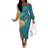 Tefnut Ancient Egyptian Off The Shoulder Long Sleeve Dress with Water Drop and Lion Symbol