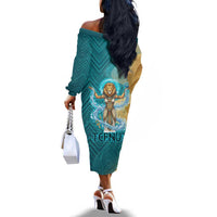 Tefnut Ancient Egyptian Off The Shoulder Long Sleeve Dress with Water Drop and Lion Symbol