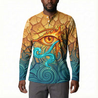 Egyptian Tefnut Fiery Eye Button Sweatshirt with Roaring Lion in Desert and Water Element