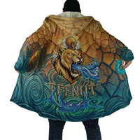 Egyptian Tefnut Fiery Eye Cloak with Roaring Lion in Desert and Water Element