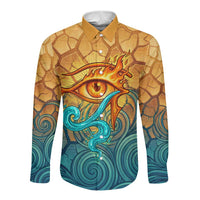 Egyptian Tefnut Fiery Eye Long Sleeve Button Shirt with Roaring Lion in Desert and Water Element
