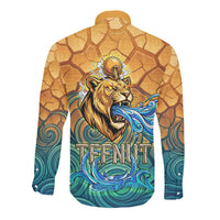 Egyptian Tefnut Fiery Eye Long Sleeve Button Shirt with Roaring Lion in Desert and Water Element