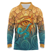 Egyptian Tefnut Fiery Eye Long Sleeve Polo Shirt with Roaring Lion in Desert and Water Element