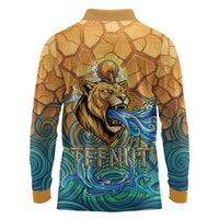 Egyptian Tefnut Fiery Eye Long Sleeve Polo Shirt with Roaring Lion in Desert and Water Element