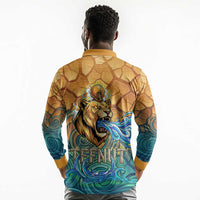 Egyptian Tefnut Fiery Eye Long Sleeve Polo Shirt with Roaring Lion in Desert and Water Element