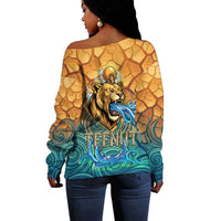 Egyptian Tefnut Fiery Eye Off Shoulder Sweater with Roaring Lion in Desert and Water Element