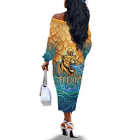 Egyptian Tefnut Fiery Eye Off The Shoulder Long Sleeve Dress with Roaring Lion in Desert and Water Element