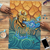 Egyptian Tefnut Fiery Eye Puzzle with Roaring Lion in Desert and Water Element