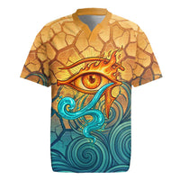 Egyptian Tefnut Fiery Eye Rugby Jersey with Roaring Lion in Desert and Water Element