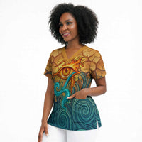 Egyptian Tefnut Fiery Eye Scrub Top with Roaring Lion in Desert and Water Element