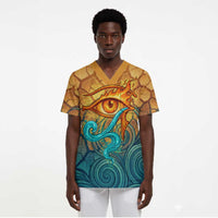 Egyptian Tefnut Fiery Eye Scrub Top with Roaring Lion in Desert and Water Element