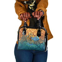 Egyptian Tefnut Fiery Eye Shoulder Handbag with Roaring Lion in Desert and Water Element