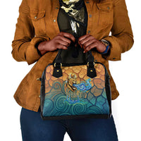 Egyptian Tefnut Fiery Eye Shoulder Handbag with Roaring Lion in Desert and Water Element