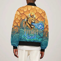 Egyptian Tefnut Fiery Eye Sleeve Zip Bomber Jacket with Roaring Lion in Desert and Water Element