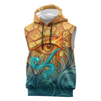 Egyptian Tefnut Fiery Eye Sleeveless Hoodie with Roaring Lion in Desert and Water Element