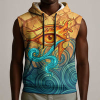 Egyptian Tefnut Fiery Eye Sleeveless Hoodie with Roaring Lion in Desert and Water Element