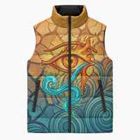 Egyptian Tefnut Fiery Eye Sleeveless Puffer Jacket with Roaring Lion in Desert and Water Element