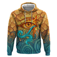 Egyptian Tefnut Fiery Eye Zip Hoodie with Roaring Lion in Desert and Water Element