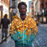Egyptian Tefnut Fiery Eye Zip Hoodie with Roaring Lion in Desert and Water Element