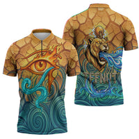 Egyptian Tefnut Fiery Eye Zipper Polo Shirt with Roaring Lion in Desert and Water Element