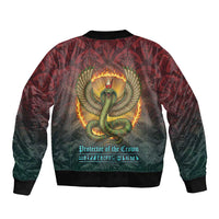 Egyptian Wadjet Winged Cobra Bomber Jacket with Eye of Horus in Fiery Royal Protector Theme