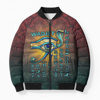 Egyptian Wadjet Winged Cobra Bomber Puffer Jacket with Eye of Horus in Fiery Royal Protector Theme