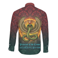 Egyptian Wadjet Winged Cobra Long Sleeve Button Shirt with Eye of Horus in Fiery Royal Protector Theme