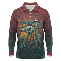 Egyptian Wadjet Winged Cobra Long Sleeve Polo Shirt with Eye of Horus in Fiery Royal Protector Theme